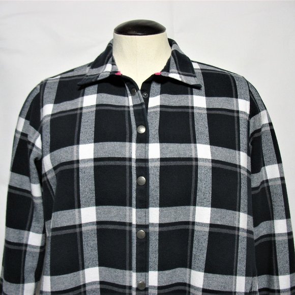 Women's Orvis Plaid Flannel Jacket Fleece Lining Button Snap Black White Sz 2XL - Picture 2 of 7
